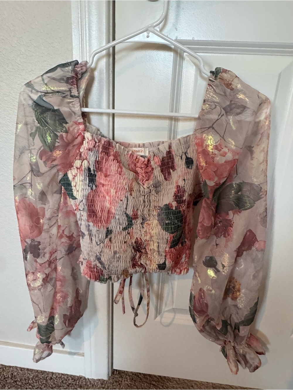 Smocked Floral Puff-Sleeve Crop Top - Pink Floral